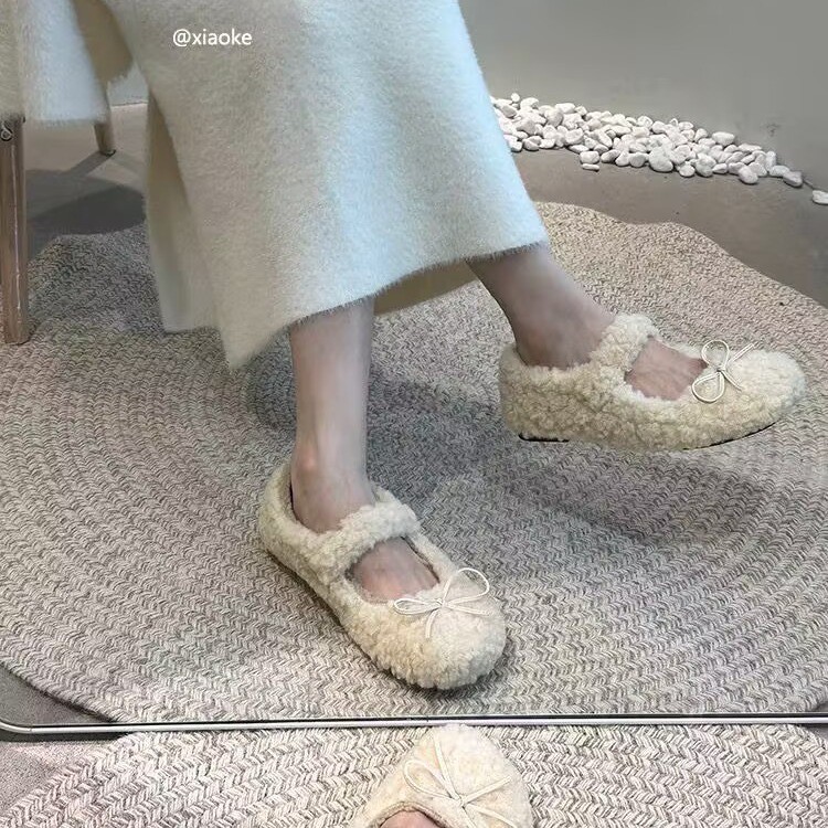 2024年秋冬新款毛毛鞋加绒保暖玛丽珍豆豆鞋蝴蝶结温柔平底棉鞋女