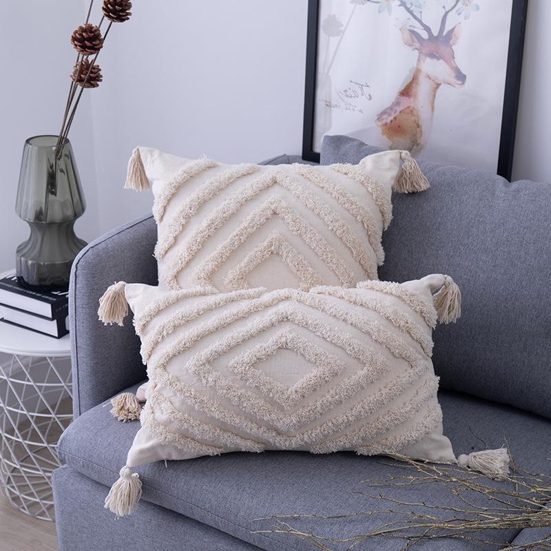 北欧简约簇绒棉麻组合抱枕几何色块靠垫客厅沙发抱枕套床头枕套