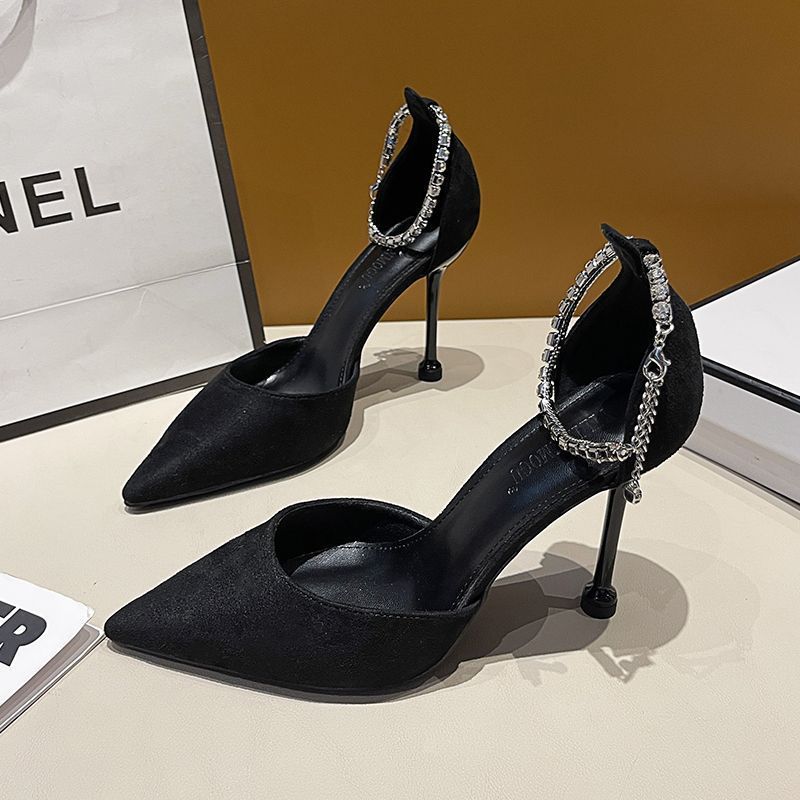 大码女鞋41到43宽胖脚夏季2025新款凉鞋黑色高跟鞋女尖头鞋子单鞋