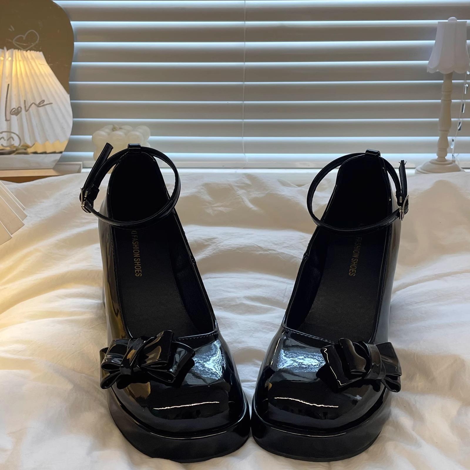 玛丽珍小皮鞋女粗跟不累脚防水台法式高跟鞋小个子学院蝴蝶结单鞋