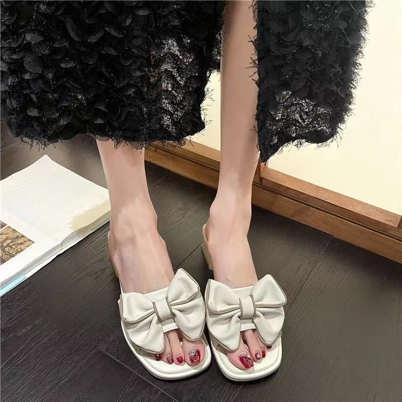 网红真皮方头凉拖鞋粗跟蝴蝶结25夏季外穿轻便拖中跟鞋配裙子凉鞋