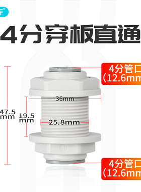 中荷 4分穿板直通1/2商务RO纯水机净水器隔板接头夹板快接 1807-F