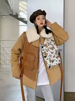 (Words wake up) fake two pieces of leather vest wool collar cotton jacket women winter asymmetric Butterfly Jacquard thickened cotton coat