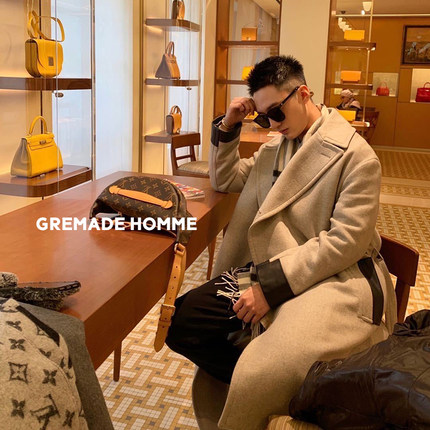 GREMADE 50山羊绒50澳毛双面呢拼皮长款大衣男 略宽松剪裁