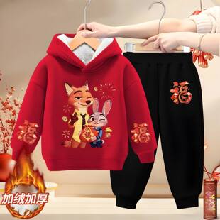 非刺绣~儿童新年套装男童红色加绒连帽卫衣女孩喜庆拜年服两件套