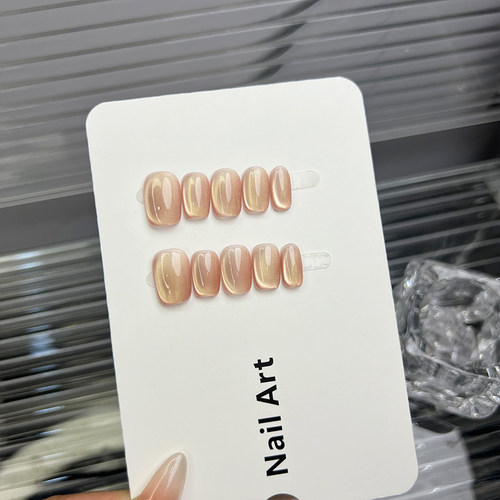 极简冰透香槟金C弧猫眼纯手工穿戴甲短款显白百搭美甲贴片高级感