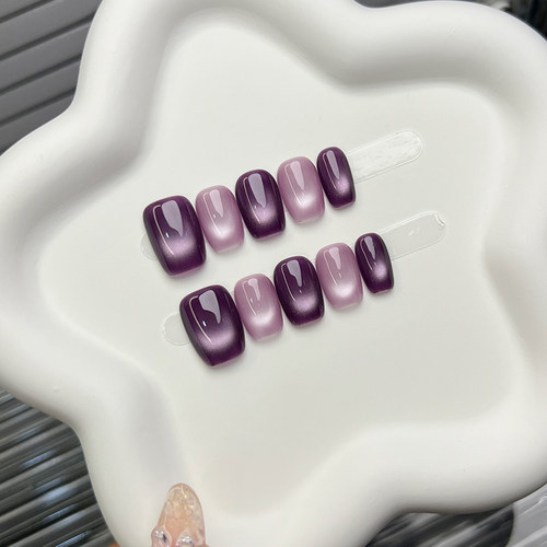 葡萄紫爆闪玻璃珠猫眼高级感手工穿戴甲短款显白纯欲跳色美甲百搭