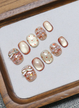 手工穿戴甲彩色猫眼手绘粉色显白小清新穿戴式美甲成品指甲贴短款