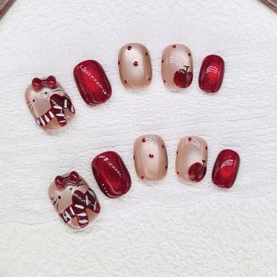 原创【平安夜】纯手工圣诞新年红显白立体蝴蝶结可爱猫眼穿戴甲