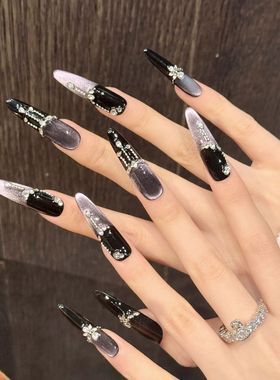 紫色梦魇高级轻奢风紫罗兰猫眼锆石碎钻手工穿戴甲潮流款