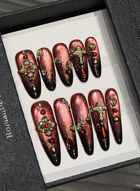 【师】轻奢新年款红色显白纯手工穿戴甲长款美甲贴假指甲