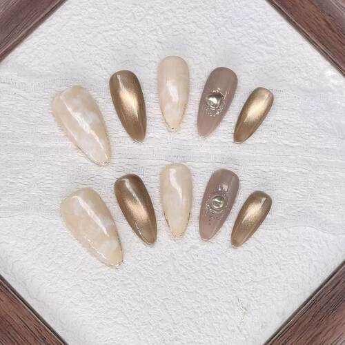 奶咖金砂猫眼显白长尖穿戴甲