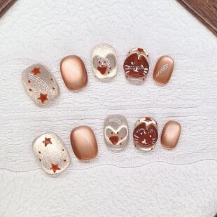 原创【萌宠絮语】纯手工美甲秋日显白可爱短款萌宠絮语猫眼穿戴甲