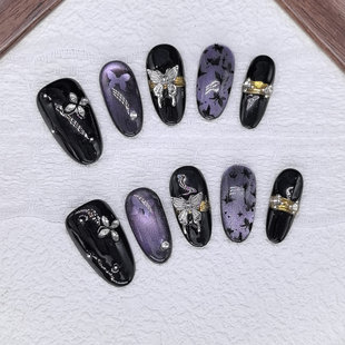 原创【暗夜紫蝶】爆闪高级定制氛围感暗夜紫蝶手工美甲辣妹穿戴甲