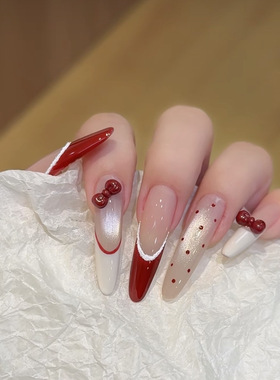 红色蝴蝶结法式猫眼纯手工穿戴甲精品钻款显白成品美甲贴片假指甲