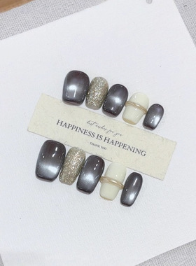 纯手工穿戴甲秋冬新款E016玻璃珠简约猫眼美甲贴片气质款