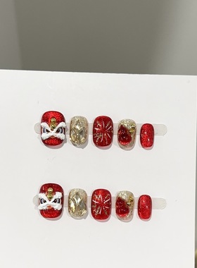 纯手工穿戴甲片秋冬酒红色猫眼短款新年美甲片烟花醒狮假指甲贴片