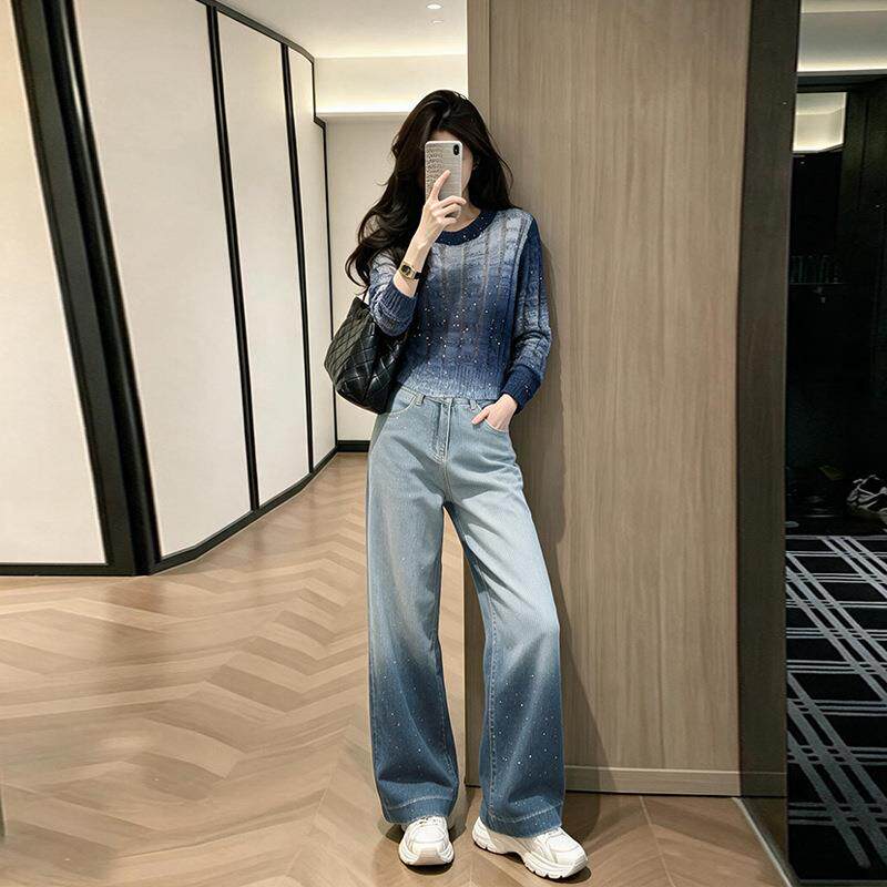 秋季新款蓝色针织长袖毛衣牛仔裤休闲时尚套装女显瘦网红洋气炸街