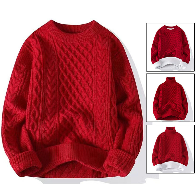 本命年红色毛衣男女秋冬高领加绒新年纯色针织衫外贸工厂直发批发