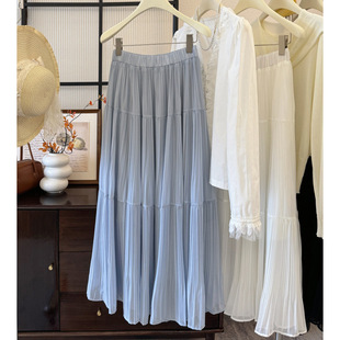 雨雾紫藤压褶半身裙春夏宽松大裙摆a字长裙气质显瘦雪纺蛋糕裙子