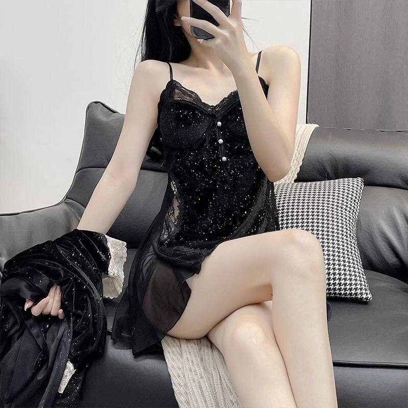 夜澜趣秋冬丝绒睡衣深V加胸垫甜美蕾丝吊带睡裙外袍家居服套装792