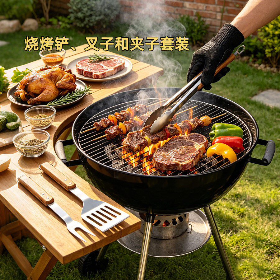 不锈钢烧烤工具三件套烤肉铲食物夹烧烤叉户外露营BBQ防烫工具