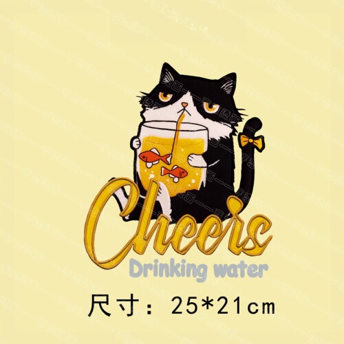 黑猫喝鱼啤酒热转印白墨烫画胶印