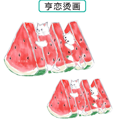 趣味猫咪西瓜图案热转印衣服装饰胶印辅料印花高弹白墨胶印烫画贴