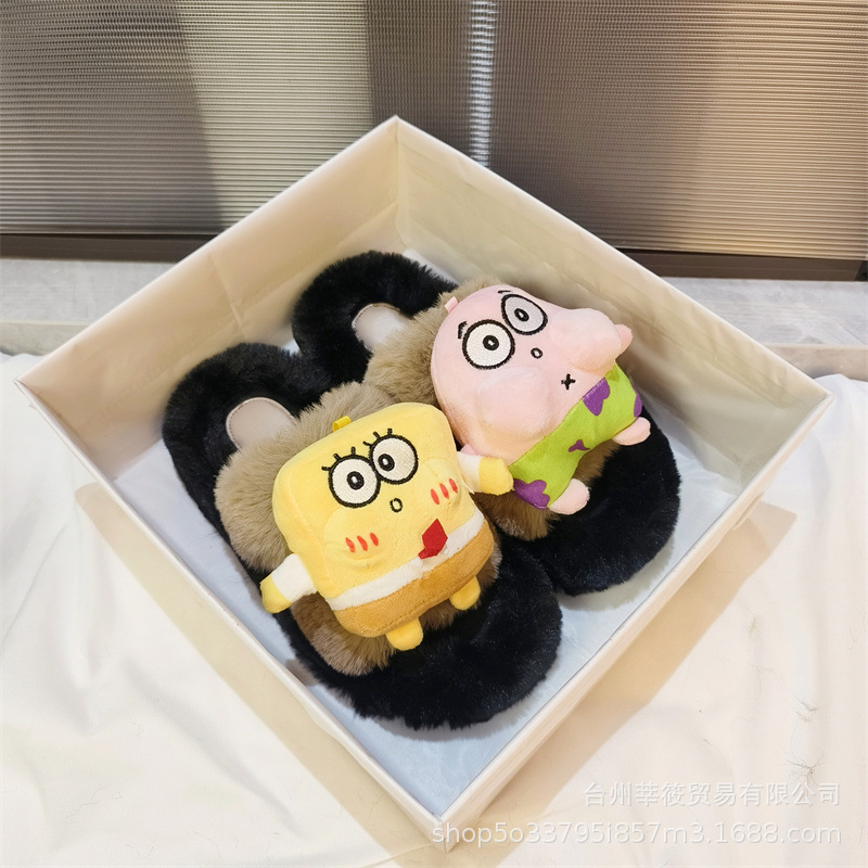 毛毛拖鞋女2024秋冬新款卡通可爱厚底居家外穿舒适百搭防滑一字拖