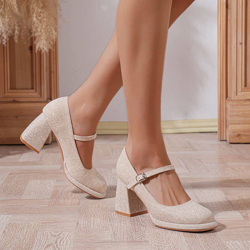 增高显腿长圆头粗跟玛丽珍高跟鞋夏季新款成人礼配裙子百搭礼服鞋