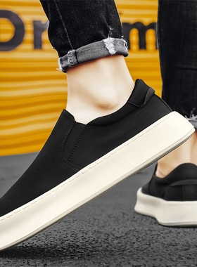 布鞋男夏季透气冰丝软底休闲板鞋一脚蹬工作黑色帆布鞋