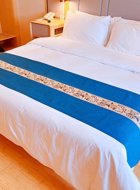 中式床旗麻布床尾巾批发简约酒店床盖布桌旗布耐脏红色新中式茶旗