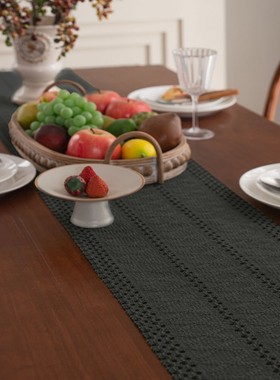 美式长条流苏桌旗黑色纯色编织茶旗电视柜餐桌婚礼装饰