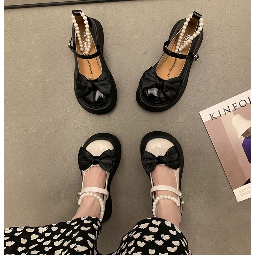 玛丽珍小皮鞋女厚底增高大头松糕鞋2025新款珍珠蝴蝶结时尚单鞋子