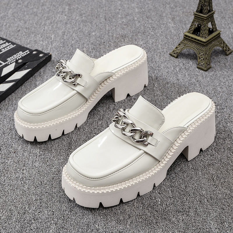 欧洲站2025夏季新款欧货粗跟凉鞋厚底百搭链条包头半拖鞋女外穿潮