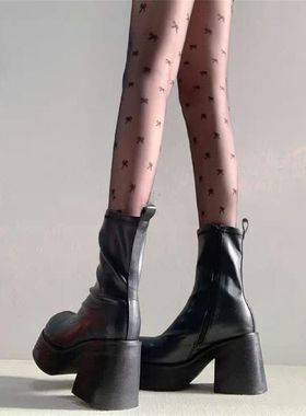 黑色短靴女春秋季厚底马丁靴粗跟弹力靴侧拉链高跟靴防水台瘦瘦靴
