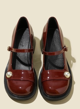 不二鞋坊 玛丽珍女鞋2024年新款春季中粗跟小皮鞋高跟珍珠单鞋