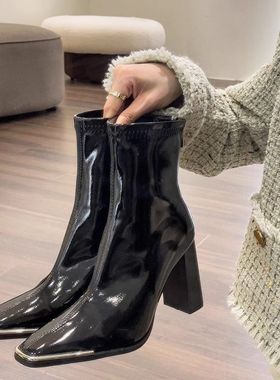 苏菲曼肯豆同款短靴女高跟鞋秋冬季黑色马丁靴粗跟瘦瘦靴2025