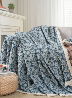 伊缦琪韵沙发巾防猫抓提花蓝色花草复古流苏厚实沙发盖毯工厂直供