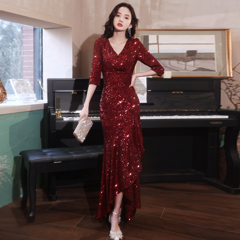 现货速发红色重工晚礼服夏季气质高端宴会主持人亮片鱼尾连衣裙大