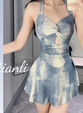 速发2024新款扎微蓝色挂脖裙式连体时孩感染胖级遮肉