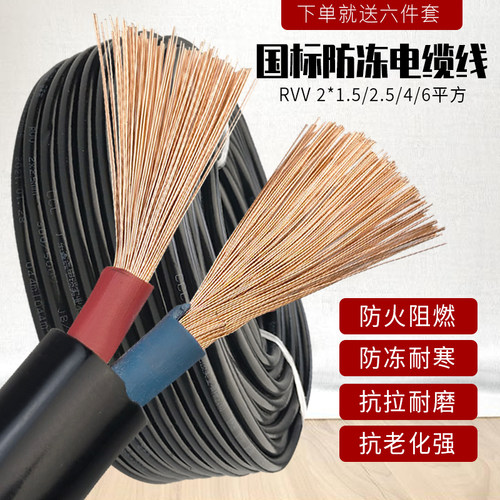 速发足国标电线电缆线户外防2二芯冻.5/4/6平方护套线软线线100米