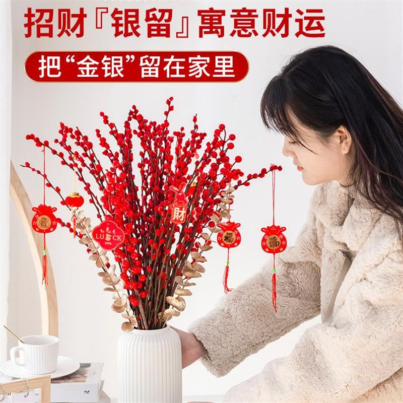 速发银柳真花鲜枝年宵花卉红色干花福桶银柳水培植物客厅银柳