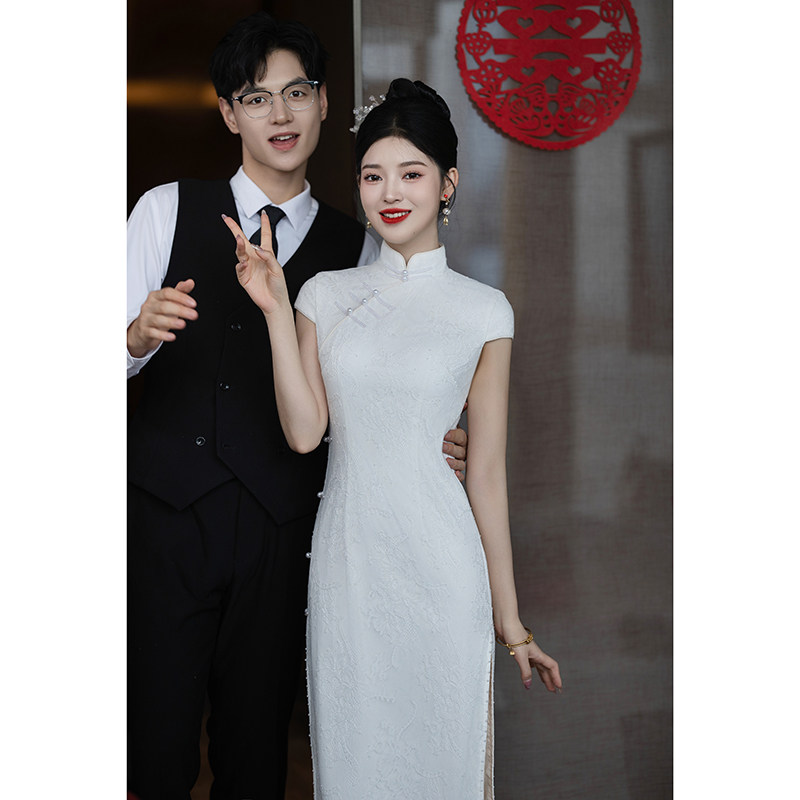 速发新中式白色传统级袍长款敬酒服订婚宴晚礼服旗领证连衣裙高裙