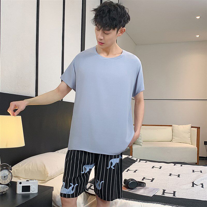 速发棉绸睡衣男夏季薄款短裤套装韩版青中年学生休闲居家服加大码