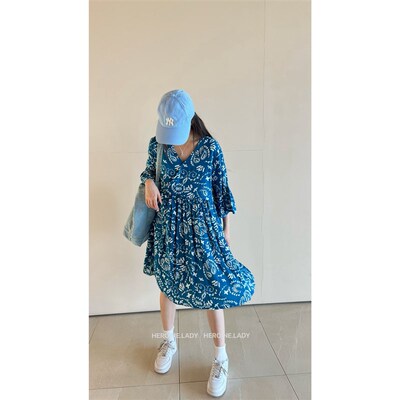 高货【穿条短裙】HL棉绸夏季袖腰果花连衣裙短宽松短款裙子碎花裙