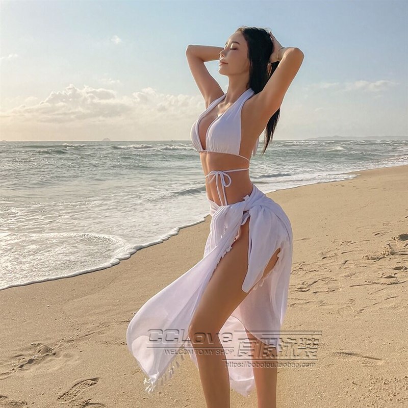 速发新款夏季比基尼外搭沙滩度假半身裙流苏纯色性感绑带裹裙罩衫