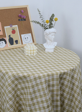 速发素时光 韩风野艺复古格子桌布 蓝色黄背文餐布摆拍道具色景布