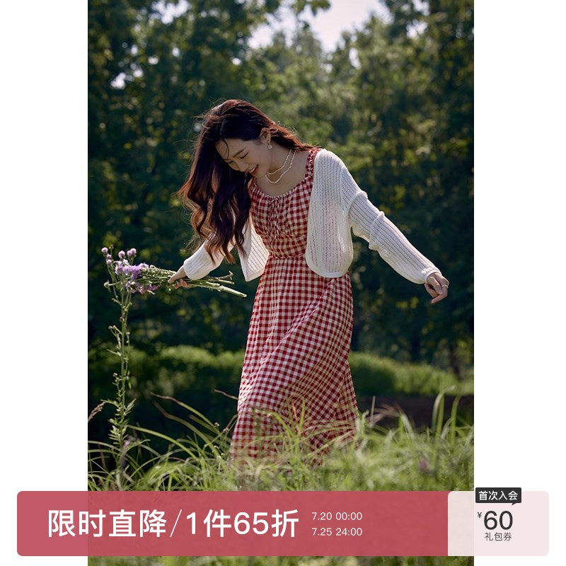 速发大码装法式度中风绑带格纹夏装连衣裙复古风吊带假长款裙