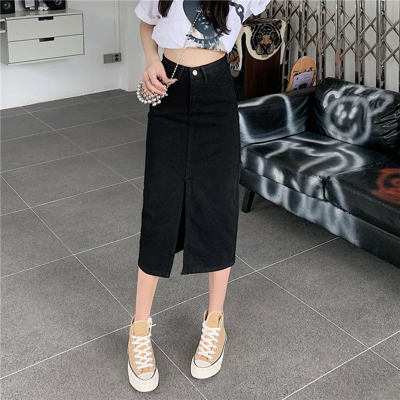 速发开叉复裙牛长款辣妹慵懒风包臀中仔古夏大码高腰半身裙